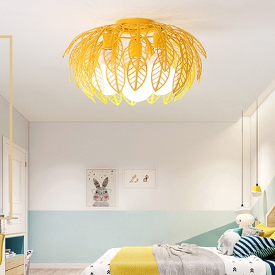 Hollow Leaf LED Flush Mount Light Macaron Loft Metal Ceiling Lamp in Blue/Pink/White/Yellow for Nursing Room