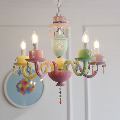 Kids Candle Pendant Lamp with Coffee Cup 5/6 Lights Resin Multi-Color Chandelier for Baby Bedroom