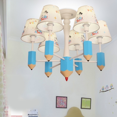 Lovely Pencil Hanging Light with Dog Pattern 6 Heads Fabric Chandelier in Blue for Baby Bedroom