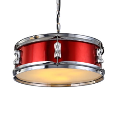 Metal Drum Shaped Pendant Light Industrial Style Chandelier in Red/Silver for Living Room Bar