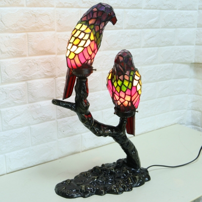 2 Head Parrot Table Light Tiffany Rustic Stained Glass Resin Night Light for Kid Bedroom