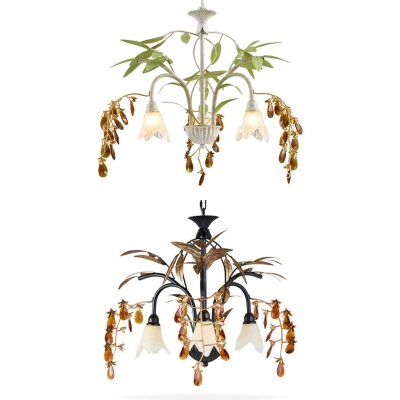 3 Lights Petal Chandelier with Leaf & Crystal Rustic Metal Ceiling Pendant in Black/White for Shop