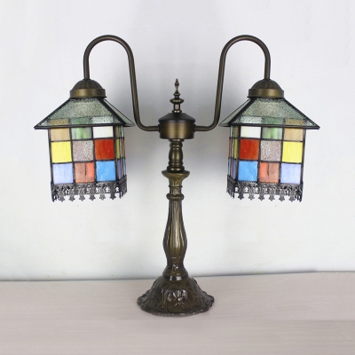 Multi-Color House Desk Light 2 Heads Antique Tiffany Art Glass Table Light for Study Room