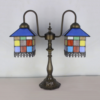Multi-Color House Desk Light 2 Heads Antique Tiffany Art Glass Table Light for Study Room