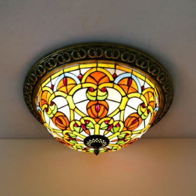 12/16 Inch Bowl Shade Ceiling Mount Light Victorian Style Stained Glass Ceiling Lamp for Study Room