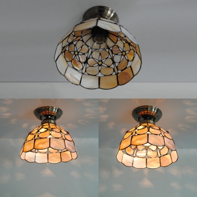 One Light Bowl Ceiling Mount Light Antique Style Shell Flush Light in Beige for Dining Table