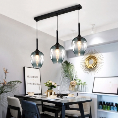 Black Finish Linear Pendant Lamp Post Modern Glass Shade 3-Head Hanging Light Fixture in Multi Colors
