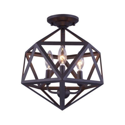 Candle Living Room Ceiling Mount Light with Cage Metal 3 Lights Retro Loft Ceiling Lamp in Black