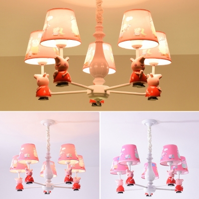 Cartoon Pink Hanging Light Piggy 3/5/6 Lights Metal Chandelier with Fabric Shade for Nursing Room