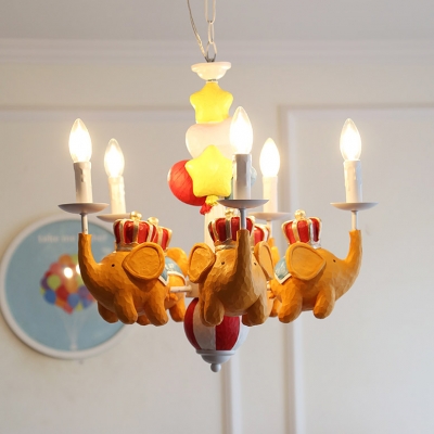 Child Bedroom Elephant Chaneleir with Candle & Star Resin 5 Lights Cartoon Pendant Light