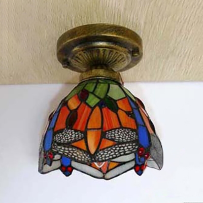 Classic Tiffany Blue/Orange Ceiling Lamp Dragonfly 1 Head Stained Glass Flush Light for Kitchen