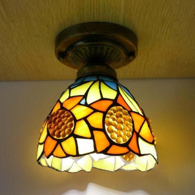 Classic Tiffany Bowl Flush Light with Blossom Stained Glass 1 Head Ceiling Lamp for Kitchen