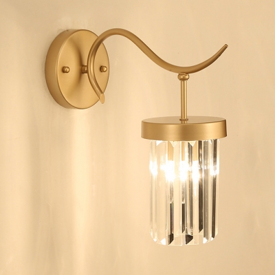 Corridor Bedroom Cylindrical Wall Light Metal & Clear Crystal One Light Gold Sconce Light