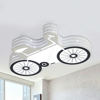 Creative Bicycle Flush Ceiling Light Metal Stepless Dimming/Warm/White LED Ceiling Lamp in White for Teen