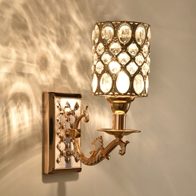 Cylinder Living Room Wall Sconce Metal 1/2 Heads European Style Sconce Light in Gold Finish