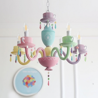 Kids Candle Pendant Lamp with Coffee Cup 5/6 Lights Resin Multi-Color Chandelier for Baby Bedroom