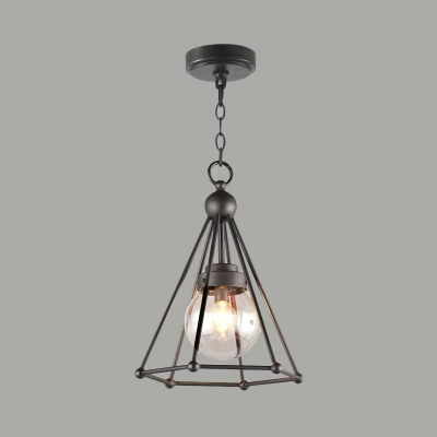 Metal Caged Conical Hanging Light Vintage Clear Glass Shade Pendant Lamp in Black
