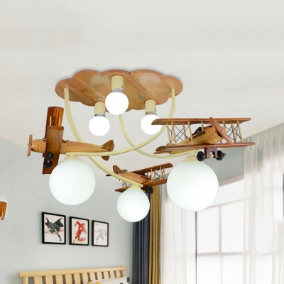 Modern Kids Globe Semi Flush Mount Light Wood 4 Lights Brown Ceiling Lamp with Airplane for Kindergarten