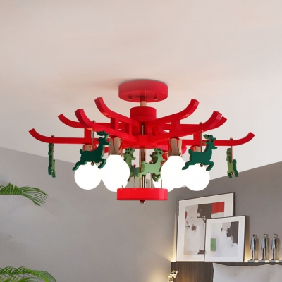 Red/White Deer Chandelier Six Lights Nordic Style Wood Suspension Light for Kids Bedroom