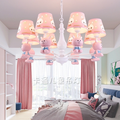 Resin Bunny Hanging Light with Fabric Shade 3/5/6/8 Heads Cute Chandelier in Pink for Girl Bedroom