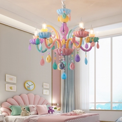 Resin Candle Hanging Light 5/6 Lights Kids Colorful Chandeleir with Crystal Deco for Nursing Room
