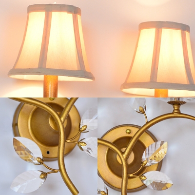 Villa Candle/Tapered Shade Wall Light with Crystal Leaf Metal 2 Heads Traditional Sconce Light in Antique Brass