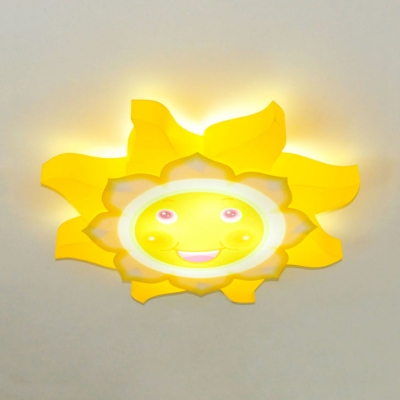Cartoon Smiling Sun Ceiling Mount Light Metal LED Ceiling Lamp in Yellow for Kindergarten