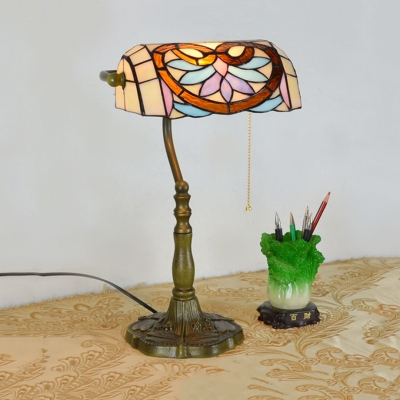 Office Banker Design Table Light Stained Glass 1 Bulb Tiffany Antique Table Lamp with Pull Chain
