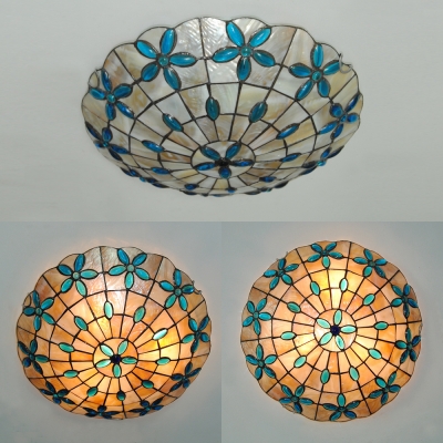 Antique Style Tiffany Ceiling Lamp with Bead/Dragonfly/Flower/Peacock 3 Bulbs Shell Flush Mount Light for Hallway