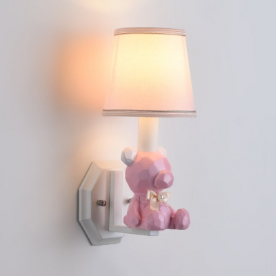 Resin Bow Bear Wall Lamp with Fabric Shade 1 Light Cute Wall Light in Blue/Pink for Kindergarten