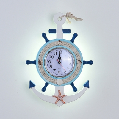 Rudder Shape Kid Bedroom Wall Light with Clock Resin Nautical Style Sconce Light in Blue