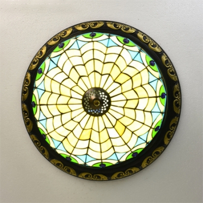 Art Glass Flush Mount Light with Grid/Leaf/Peacock/Solid Color Study Room 4 Lights Traditional Tiffany Ceiling Light