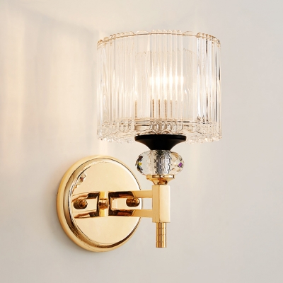 Bedroom Mirror Drum Sconce Light Clear Crystal 1 Light Modern Stylish Gold Wall Light
