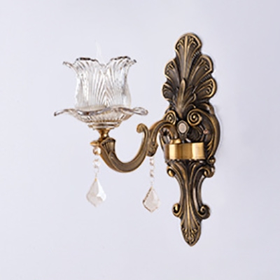 Clear Flower Wall Light with Crystal 1/2 Heads Vintage Style Glass Sconce Light in Antique Brass for Hotel