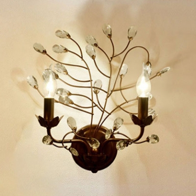 Creative Black/Bronze Wall Light Candle Two Lights Metal Wall Lamp with Twig & Crystal for Hotel