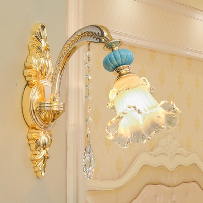 Elegant Style Blossom Wall Light Glass Metal 1/2 Head Gold Sconce Light with Crystal Deco for Bedroom