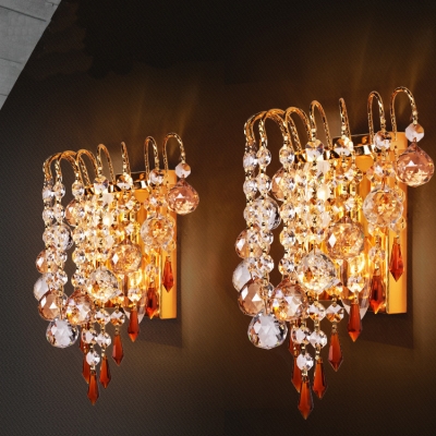 Gold Candle Sconce Light with Clear Crystal 2 Heads Luxurious Metal LED Wall Lamp for Bedroom
