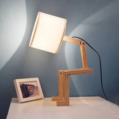 Industrial Robot Table Lamp Adjustable DIY Book Night Light Bedside Lamp Home Decor Wooden Table Lamp with Fabric Shade, White