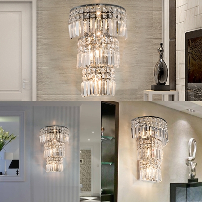 Luxurious Style 3-Tier Wall Light Three Lights Clear Crystal Wall Lamp in Chrome for Stair Corridor