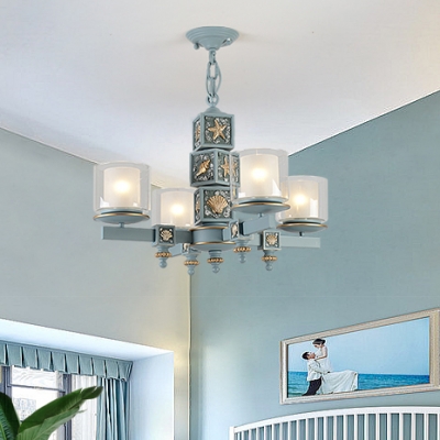 Mediterranean Style Cylinder Chandelier Metal Four Lights Blue Pendant Light for Living Room