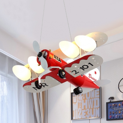Metal Propeller Gilder Pendant Light Living Room Four Lights Modern Cool Hanging Light in Red