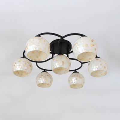 Shell Spherical Semi Flush Mount Light Hotel Cafe 3/5/7 Bulbs Mosaic Style Ceiling Light in Beige