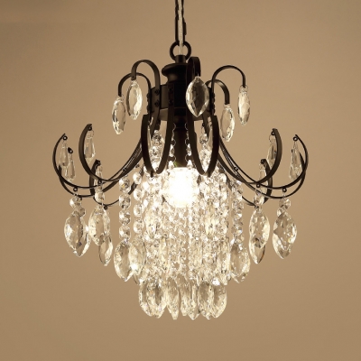 Single Bulb Small Chandelier with Clear Crystal Traditional Wrought Iron Hanging Lamp in Black/Gold for Foyer