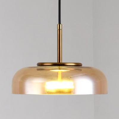 Single Light Drum Shade Hanging Light over Dining Table Post Modern Glass LED Drop Light in Amber/Clear/Smoke
