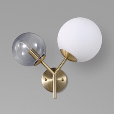Smoke and White Glass Ball Wall Light Post Modern 2 Head Sconce Lighting in Gold Finish