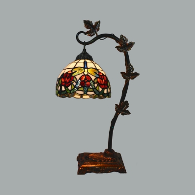 Stained Glass Floral Desk Light with Leaf Study Room 1 Head Rustic Tiffany Table Light