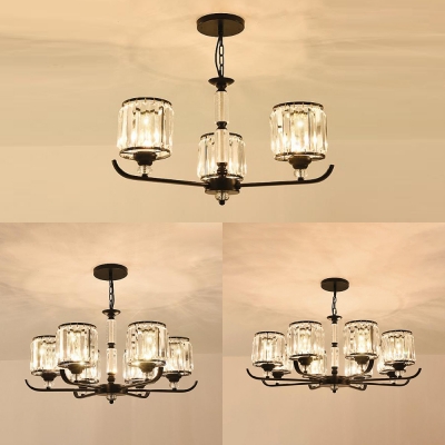 Study Room Drum Ceiling Pendant Metal 3/6/8 Bulbs Traditional Style Black Chandelier with Crystal
