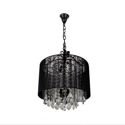 Traditional Style Drum Chandelier Wrought Iron Black Pendant Lamp with Crystal Deco for Hotel