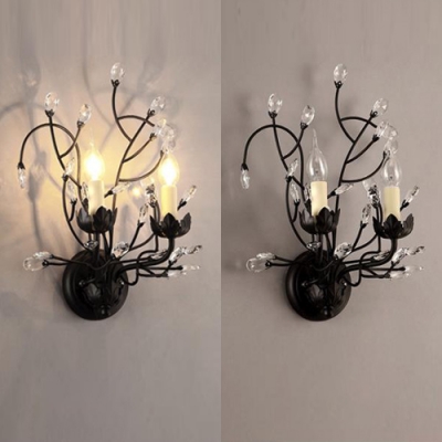 Vintage Style Candle Wall Sconce Metal 2 Heads Black Wall Lamp with Crystal for Stair