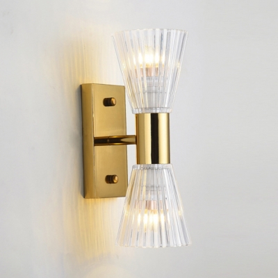 2 Lights Ribbed Cone Wall Light Classic Style Metal Clear Crystal Sconce Lamp in Gold for Corridor